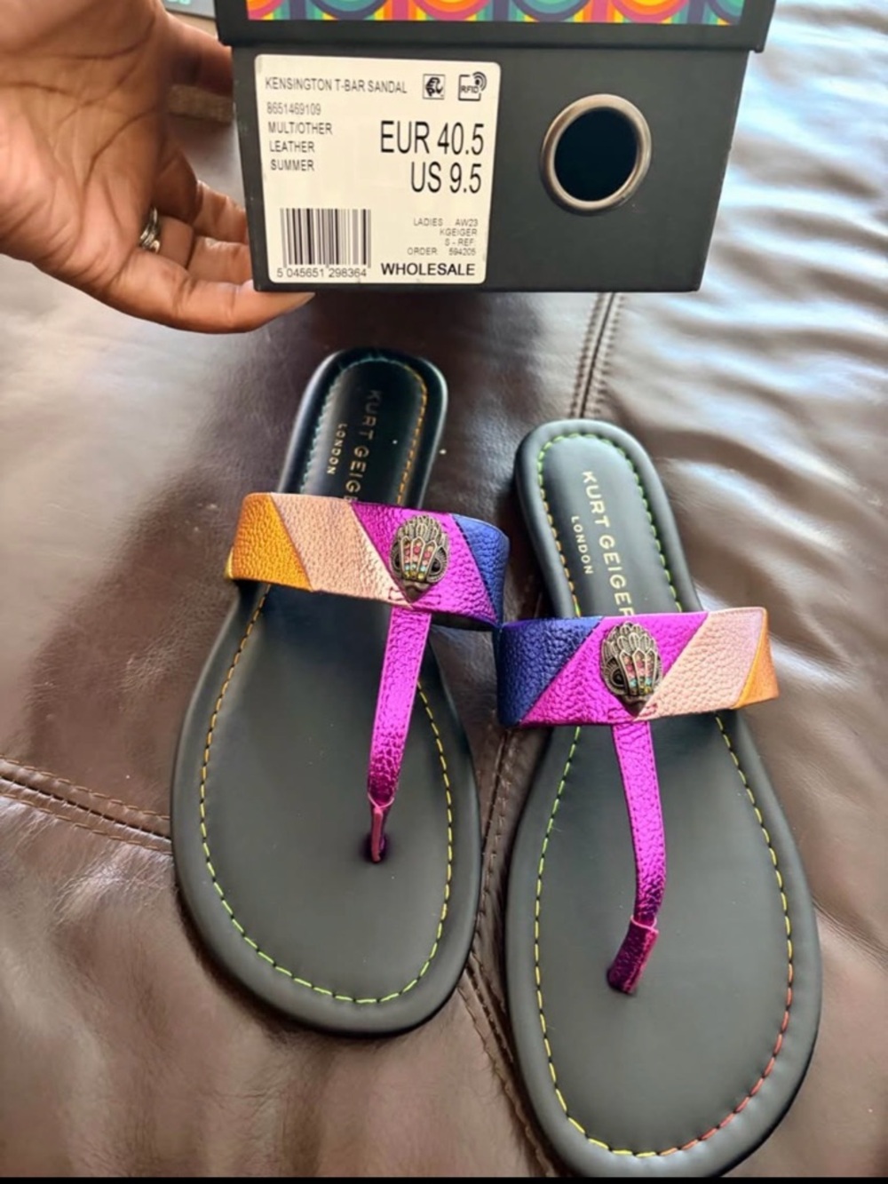 Kurt Geiger Multicolor Metallic T-Strap Slide Sandals